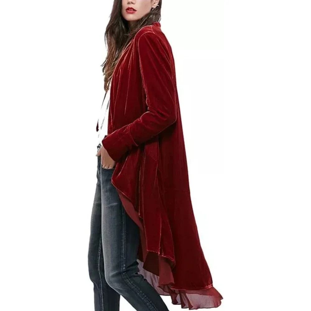 Urban CoCo Wine Red Velvet Cardigan Coat w/‎ Asymmetric Chiffon Hem Open Front M